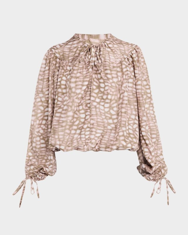 Catti Printed Balloon-Sleeve Silk Blouse